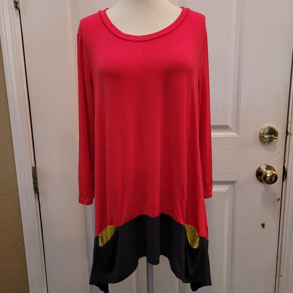 LOGO By Lori Goldstein Color Block Top Large Pink Gray 3/4 Sleeve Pockets QVC